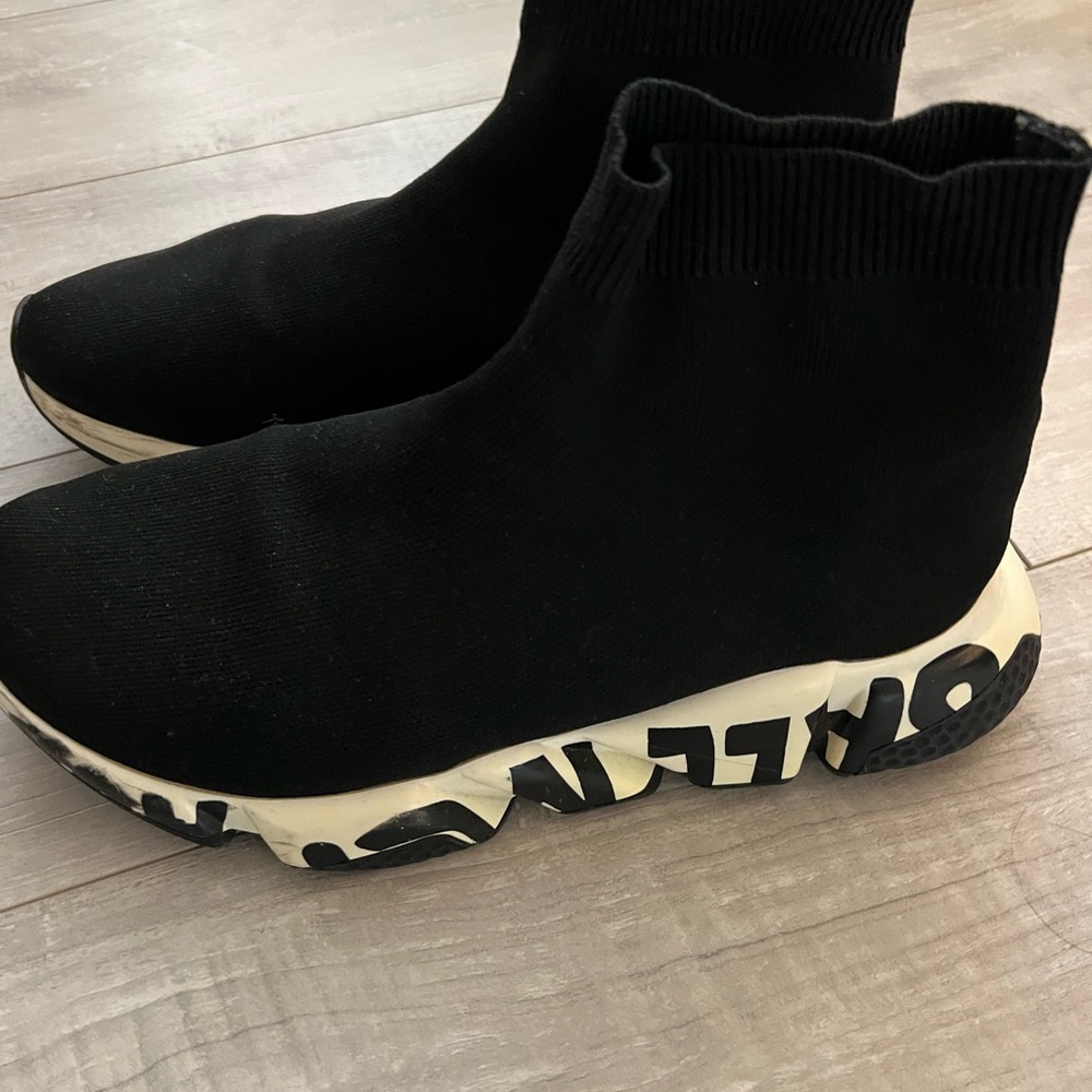 Balenciaga Black Knit Sock Sneakers with White/Black Graphic Sole